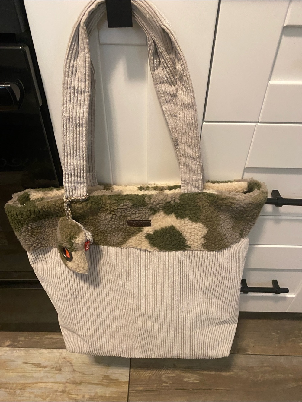 Corduroy Tote with Green Camouflage Sherpa Trim